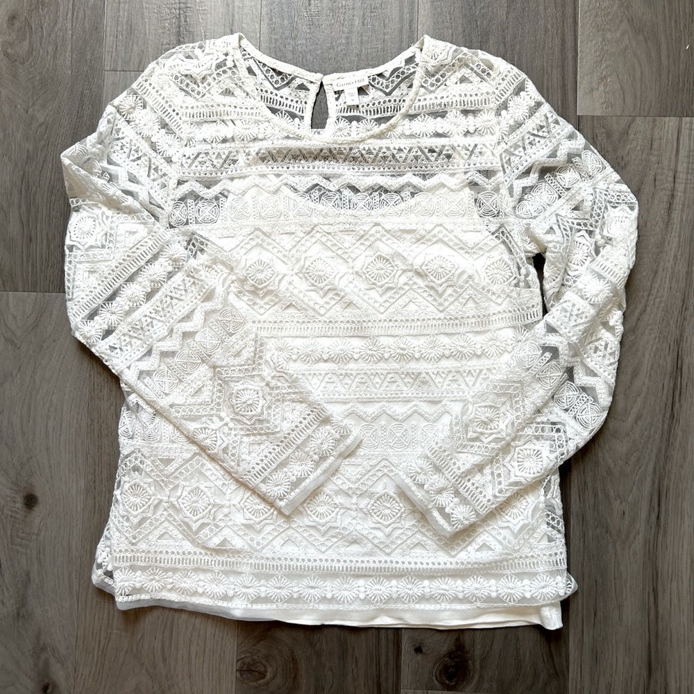 Garnet Hill Ivory Crochet Lace Long-Sleeve Top